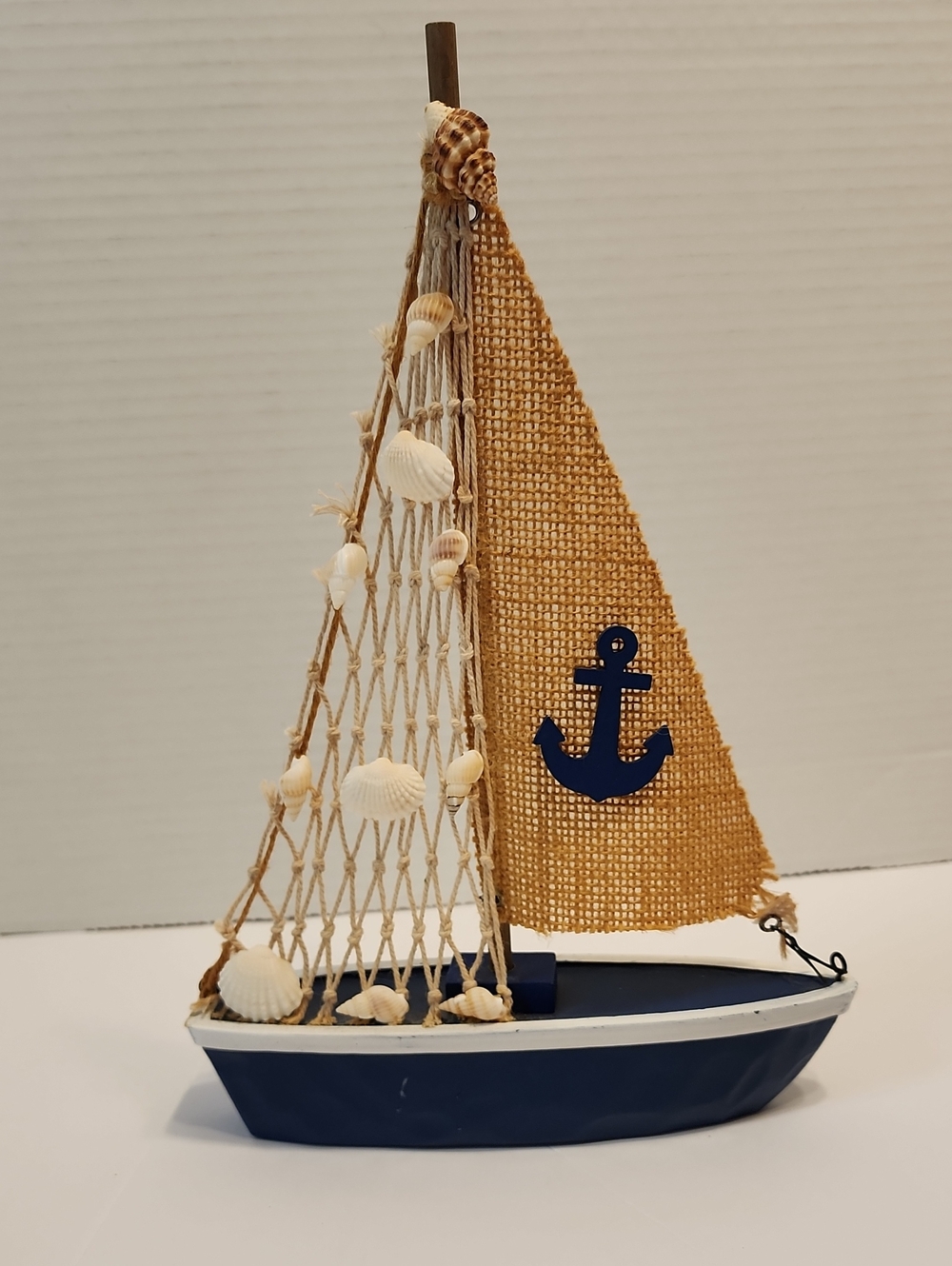 Nautical Wooden W/Burlap Sailboat  With Anchor  Blue & Tan Fishnet Sail Shells
